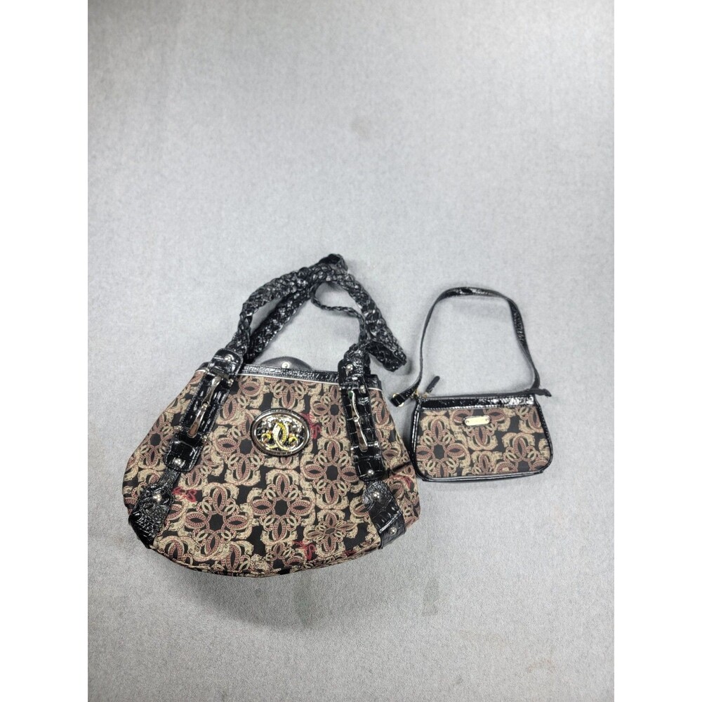 SHARIF Bag Medium Mini Black‎ Leather Dragon Tapestry Double Handles Magnetic